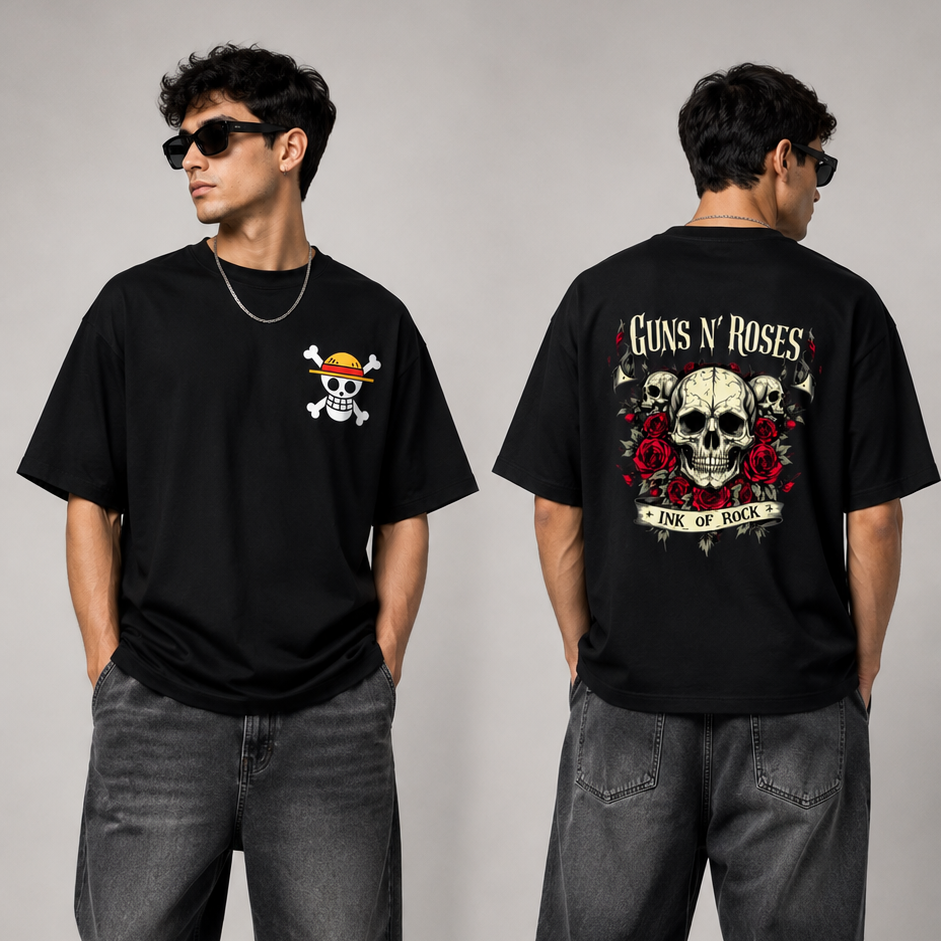 A model is shown from both the front and back wearing a black Guns N' Roses graphic t-shirt, styled with dark gray baggy jeans and white sneakers against a neutral gray studio background.