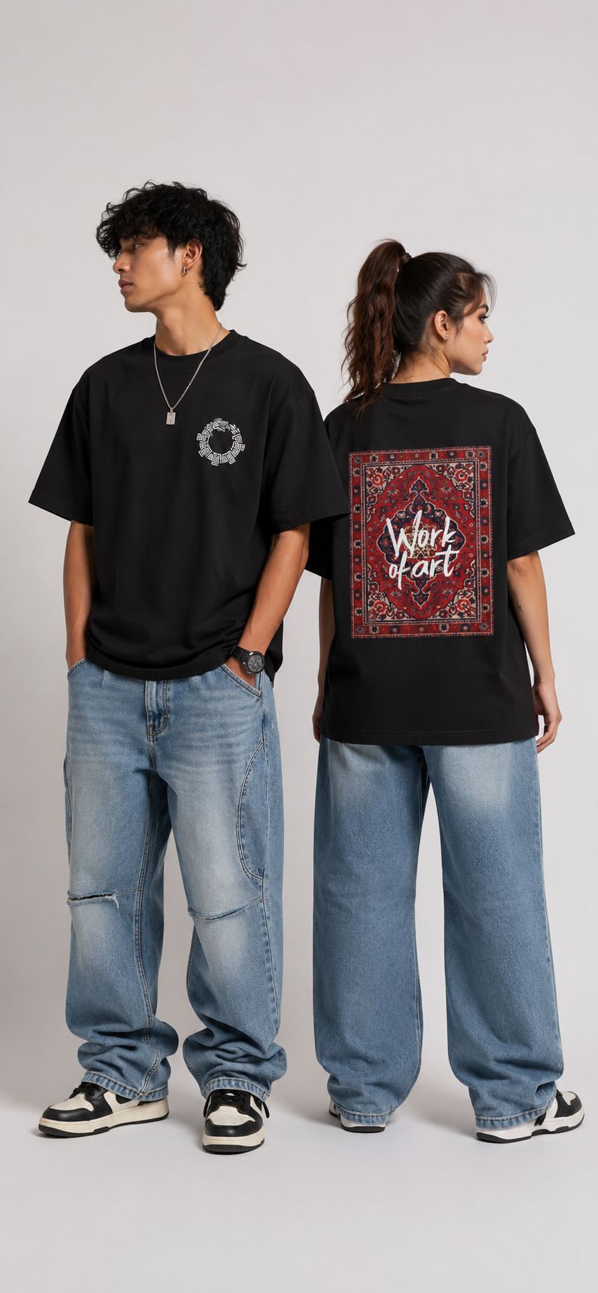 Two models wearing black graphic t-shirts and wide-leg blue jeans, shown from the front and back against a light gray studio background. The front model has a small white circular graphic on the chest, and the back model shows a large red and black patterned graphic with white text reading 'Work Hard'.