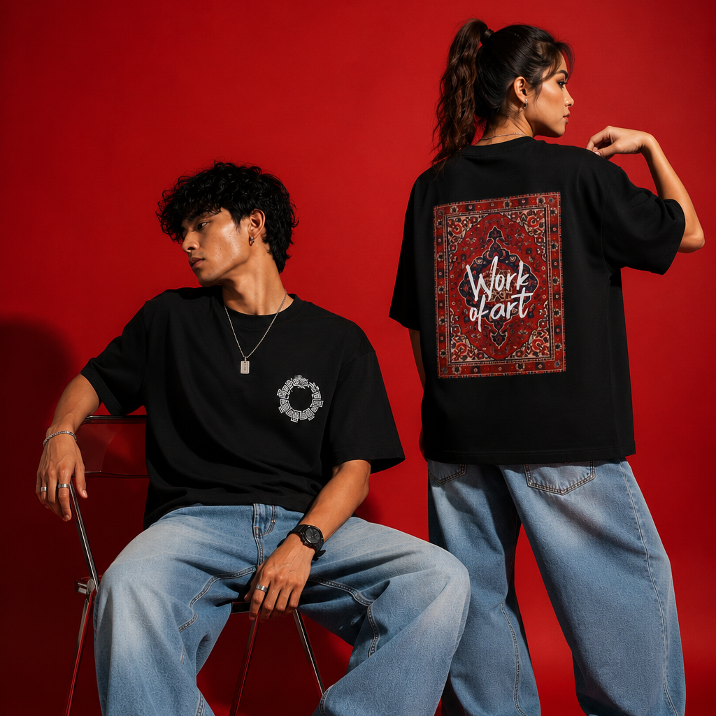 Two models wearing black graphic t-shirts and light blue jeans posing against a solid red studio backdrop. The seated model shows the front of the t-shirt with a small white circular logo, while the standing model shows the back of the t-shirt featuring a large red and black patterned graphic with white text reading 'Work of art'.