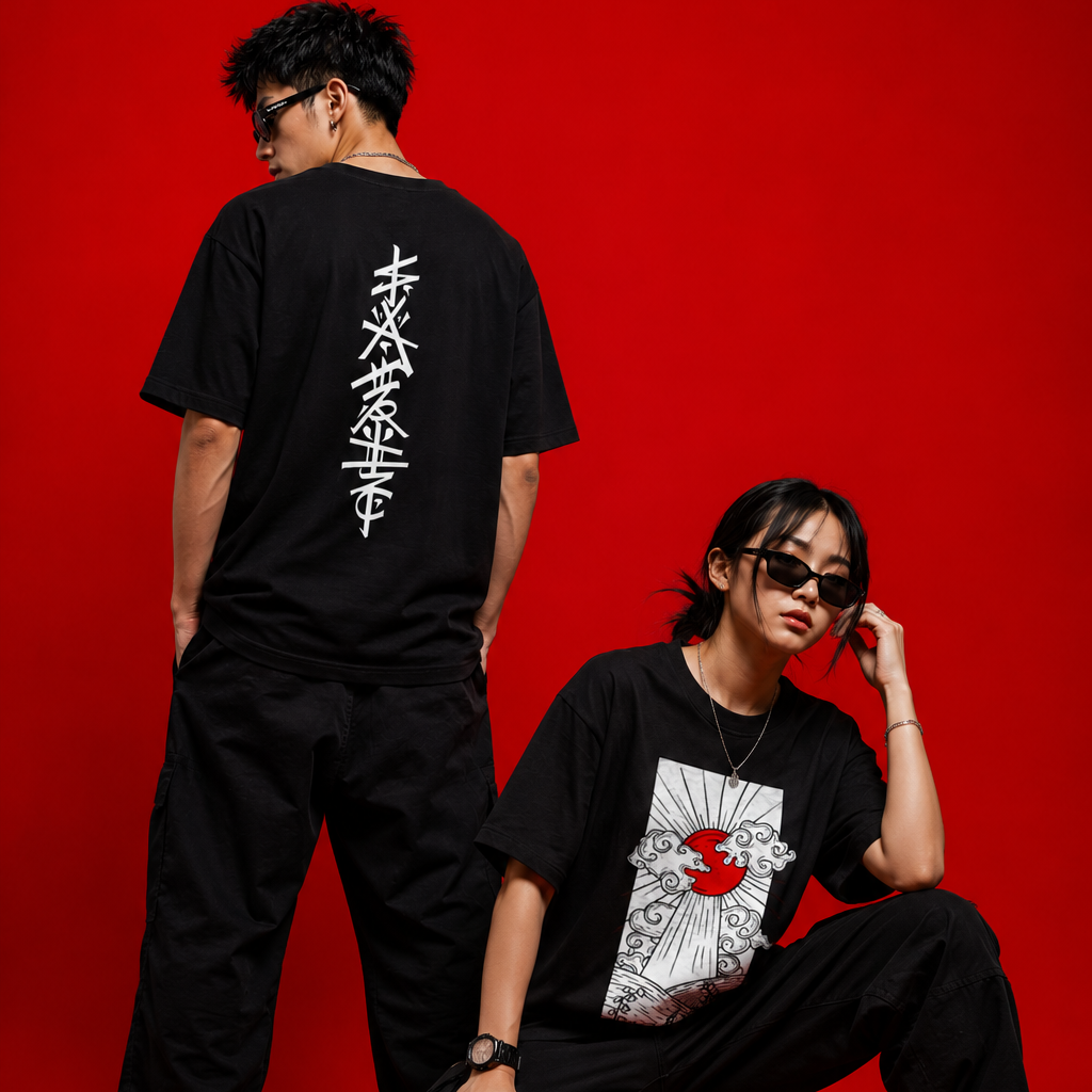 Two models posing in black graphic t-shirts and black pants against a solid red studio background. One model stands with their back to the camera, showing a vertical white graphic print, while the other crouches in front wearing a graphic t-shirt with a red heart and white geometric design.