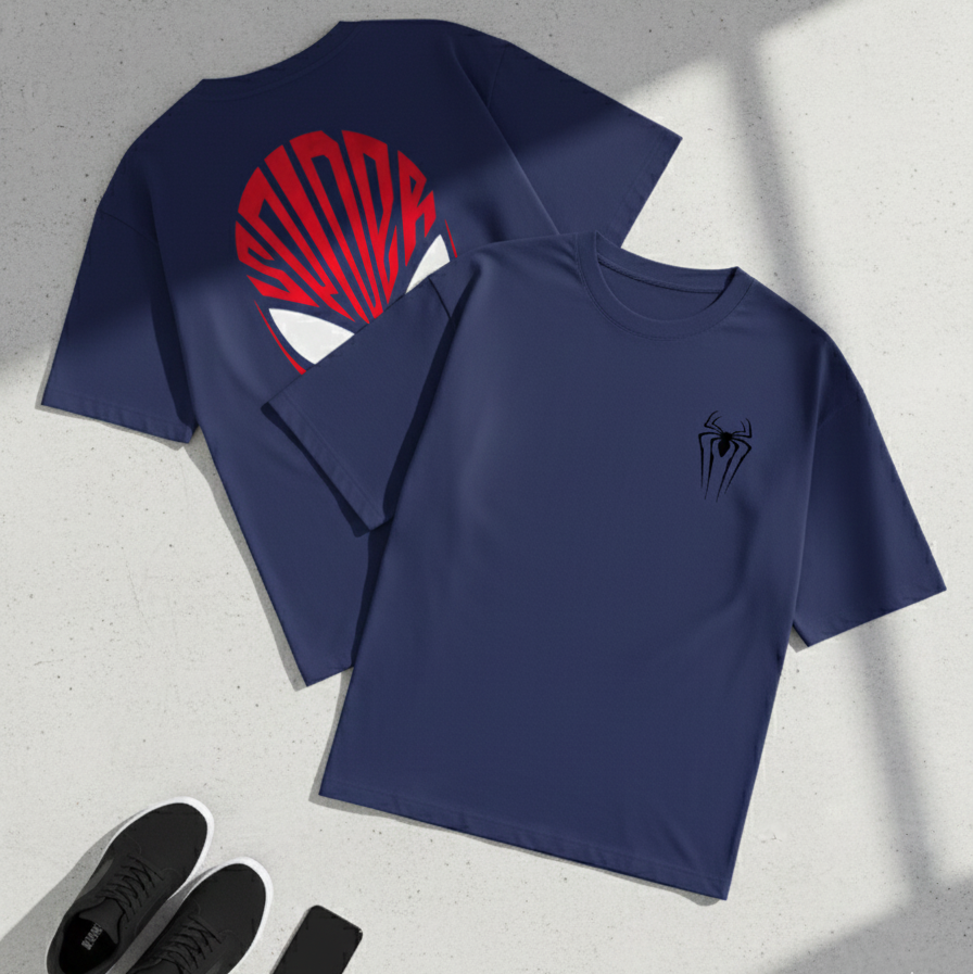 Two navy blue t-shirts with different designs on a light gray background