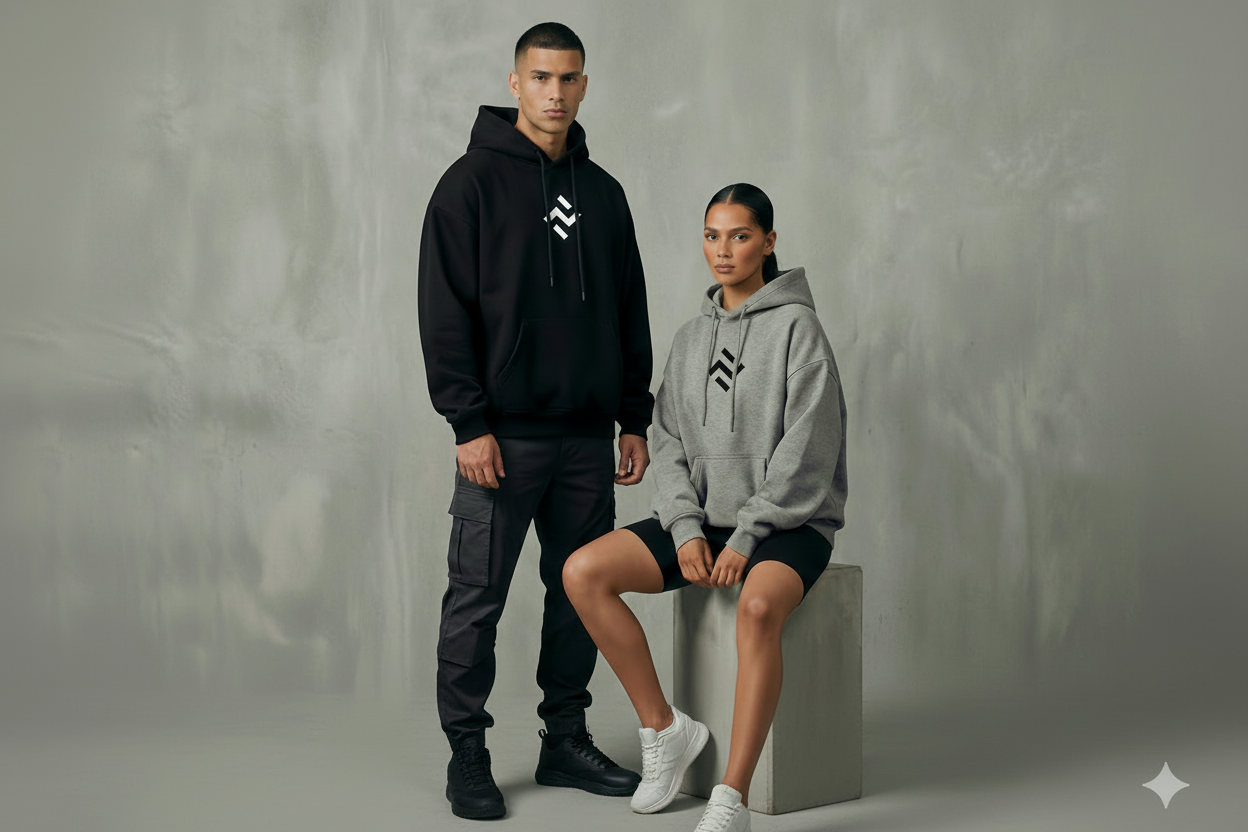 Two people wearing black and gray hoodies with a logo against a gray background